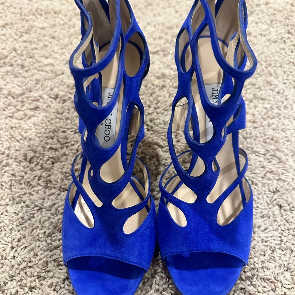 Jimmy Choo Ren Blue Suede Caged Sandals